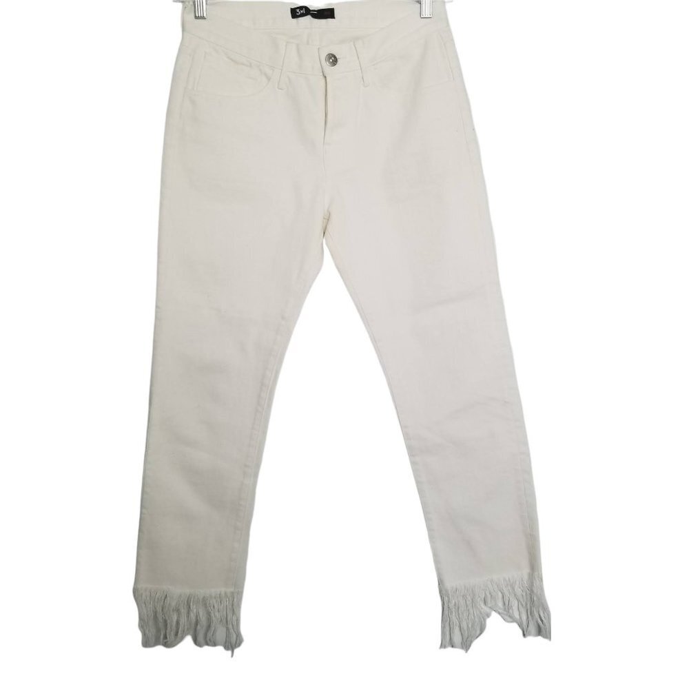 3x1 Bianca Women's Cropped White Fringe Straight Leg 100% Cotton Jeans 2… - Picture 2 of 11
